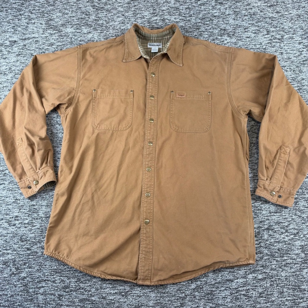 Vintage Carhartt S96 BRN Shirt Jacket Mens Large Tall Brown Flannel Lined 2005